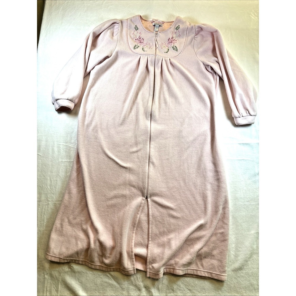 Erika Taylor Pink Women's XL Embroidered Floral Fleece Satin Full Zip House Coat